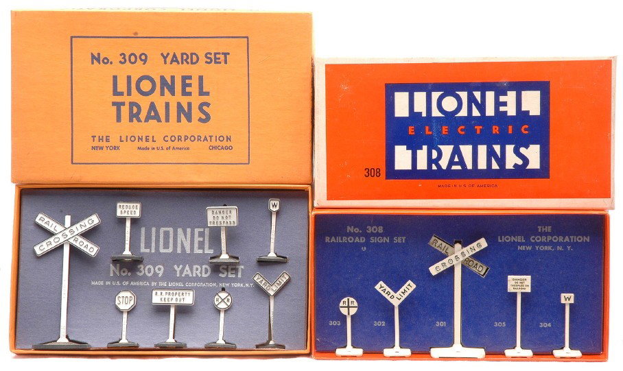 Lionel 308 RR Sign Set 309 Yard Set MINT OBs: Lionel postwar 308 Railroad die cast sign set and a 309 plastic yard set both in OBs with original cardboard inserts. The signs are C10. Both OBs are bricks with bright color graphics, C10.