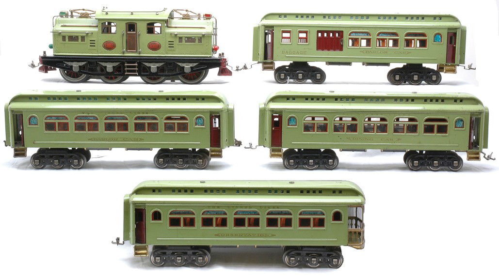 Lionel Passenger Set 409E 408E 419 418 431 490: Lionel prewar standard gauge apple green passenger set no. 409E containing; 408E electric 0-4-4-0 loco, 419 combo, 418 Pullman, 431 dining car and a 490 observation. The cars have red inserts with mar