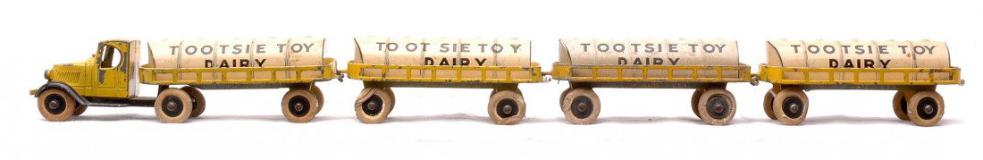 TootsieToy 0192 Mack Dairy Truck w/Four Trailers: TootsieToy 0192 Mack Dairy truck with four trailers, C6.