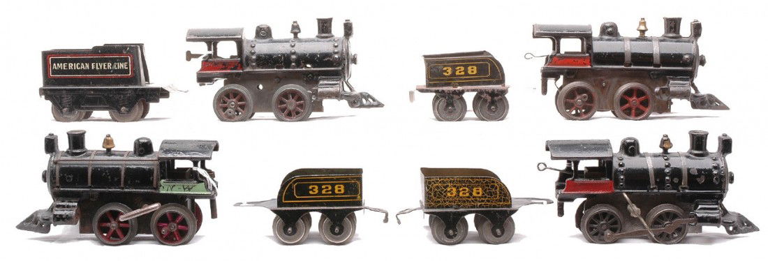 AF 4-no. 2 Clockwork Locos 3-328 120 Tenders: American Flyer prewar O gauge four no. 2 black clockwork 0-4-0 steam locos with three 328 tenders and a 120 tender. Three of the locos are missing side rods. The locos and tenders are C4-5.