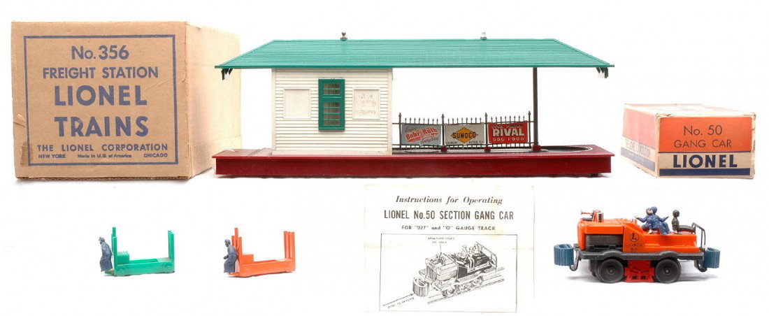 Lionel 356 Freight Station 50 Gang Car OBs: Lionel postwar 356 freight station with two luggage carts in OB and a 50 gang car with center horn and instruction sheet in OB. The 356 and 50 are C7. The 356 OB has all flaps attached and the 50 OB h