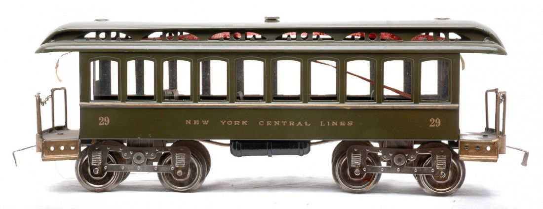Lionel 29 Day Coach Lettered NYC Lines: Lionel prewar standard gauge 29 day coach with ten windows and lettered New York Central Lines. The day coach has been restored.