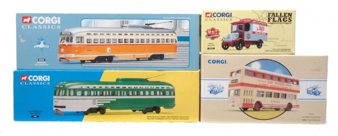 Corgi Classics 50601 97230 55008 55002 MIB: Corgi Classics die cast metal vehicles including; 50601 M.K.T. Mack AC, 97230 Leyland Atlantean Gay Hostess, 55008 Boston-PCC street car and a 55002 PCC San Francisco streetcar all factory new in OBs,