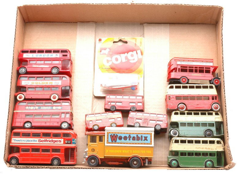 Selection of Corgi Dinky Double Decker Buses: Corgi 83 Goodyear Blimp factory sealed in packet, a Weetabix truck, two London Transport Routemaster double decker buses and two Corgi Junior double decker buses. Also included are miscellaneous doubl