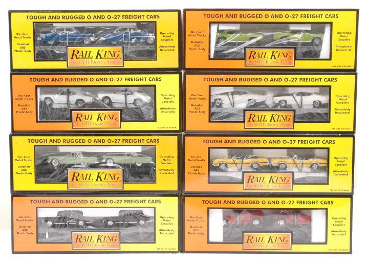 RK by MTH Selection of Flatcars w/Ertl Loads: Rail King by MTH flatcars with Ertl loads including; RK-7607L with Ô52 Cadillacs, 30-7613 with Thunderbirds, 30-7661 with Ô70 Novas, 30-7680 with Ô70 Chevelles, 30-7692 with Ô70 Ford Torino Cobra,