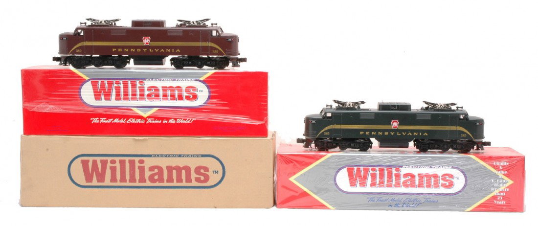 Williams EP5-104 EP5-105 PRR Locos LN Boxed: Williams EP5-104 Pennsylvania Tuscan 5-stripe loco with cab #380 in OB with outer shipping carton and a EP5-105 Pennsylvania green 5-stripe loco with cab #385 in OB . The locos have light run time, C8