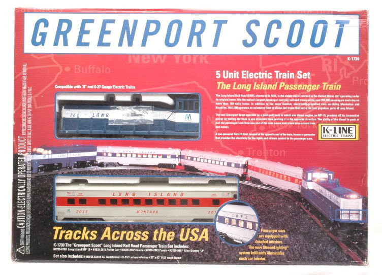 K-Line K-1730 Greenport Scoot LI Pass Set MIB: K-Line K-1730 five unit Greenport Scoot Long Island passenger set in OB. The set is missing the Alco, track and transformer. The set has been test run, C9.