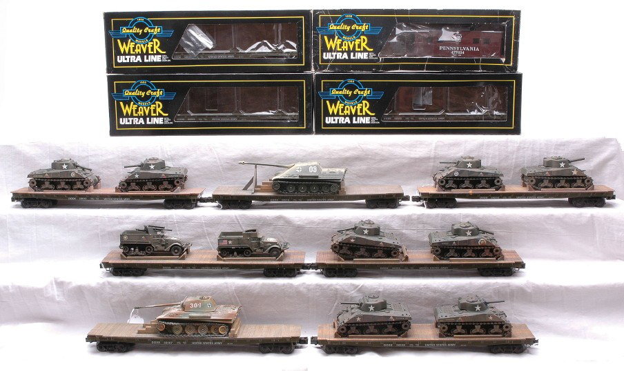 Weaver Flatcars w/Army Loads U2901 Caboose MINT: Weaver three 38663 three rail 50Õ Army flatcars in OBs, four 38356 flatcars with Army loads by Solido, 38567 flatcar with Army load by Solido and two 38016 flatcars with Army loads. by Solido. The fl