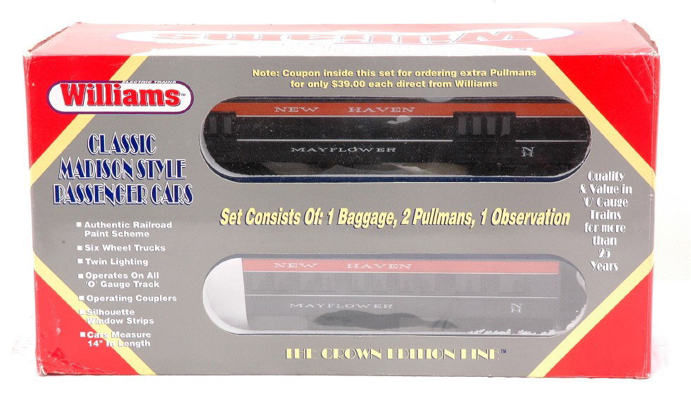 Williams 601 New Haven 60 Ft. Madison Cars MIB: Williams 601 New Haven 60 foot Madison four car passenger set. The baggage car has one set of trucks broken off, otherwise cars are C10.