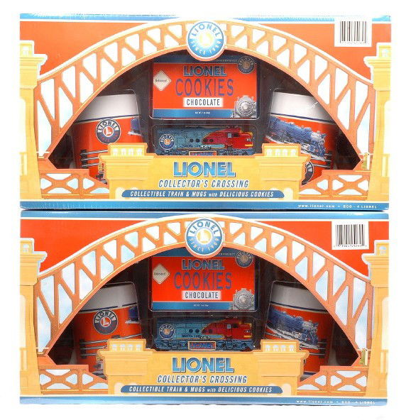Lionel 2-452600 CollectorÕs Crossing Mug Sets MIB: Lionel two 452600 CollectorÕs Crossing train & mugs with cookies gift sets both factory sealed in OBs wrapped in cellophane, C10.
