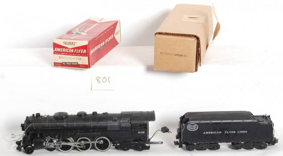 American Flyer XA-15N547-Y loco XA-14N835-Y tender: Postwar American Flyer S gauge Hudson steam locomotive XA-15N547-Y and tender XA-14N835-Y, nice C7+. Loco box looks C9+. Tender box has a dent to a corner and a minor tear to a tuck flap. Box over