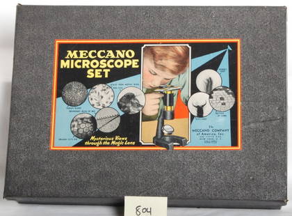 1935 Gilbert Meccano microscope set: AC Gilbert Meccano microscope set from 1935 in black cardboard OB. Set is complete and instruments are all in nice condition with the exception of some very light spots of flash rust. Instruction