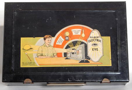 1935 Gilbert Electric Eye set: AC Gilbert 1935 Electric Eye set in OB. Set is complete with instructions, correct inserts, and is correctly organized. Very nice inner box label. Parts are high C8 condition. Box has light scratches