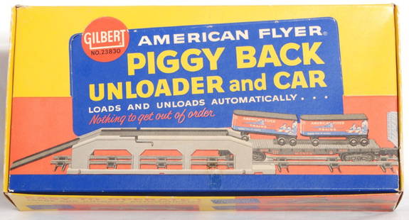 American Flyer 23830 Piggy Back unloader in OB Min: Postwar American Flyer S gauge No. 23830 Piggy Back unloader and car in original box C9-10. 24550 Monon C.I.L. flatcar with two Gilbert trailers, unloader, instructions sheet M4229, wrapping paper,