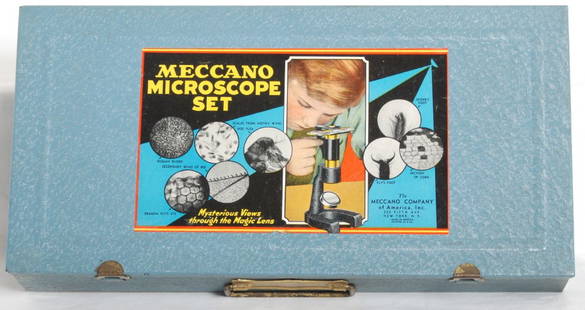 1934 Gilbert Meccano microscope set: AC Gilbert 1934 Meccano microscope set in crackle blue OB. Set is complete and correct with inserts and instruction. Manual has some light staining. Labels have some very light wear. Nice C7-8 set.