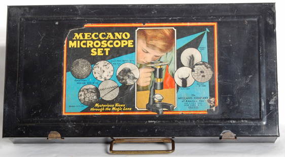 1935 Gilbert Meccano microscope set in black box: AC Gilbert Meccano microscope set in black metal OB. Set is from 1935 and is complete and correctly organized. Set looks unused with some light stains on the lid label from where the inserts