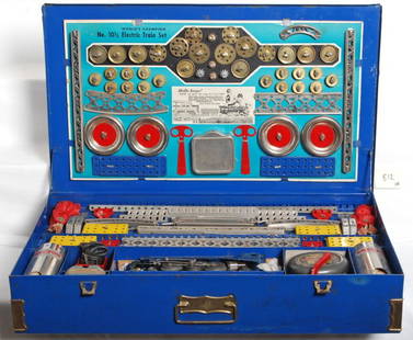 1941 Gilbert Erector 10 1/2 set with Royal Blue: AC Gilbert Erector set. Set is a 1941 10 1/2 set in blue metal OB. Set is complete, correctly displayed with original inserts and instructions. Set features 556 Royal Blue steam locomotive. Set