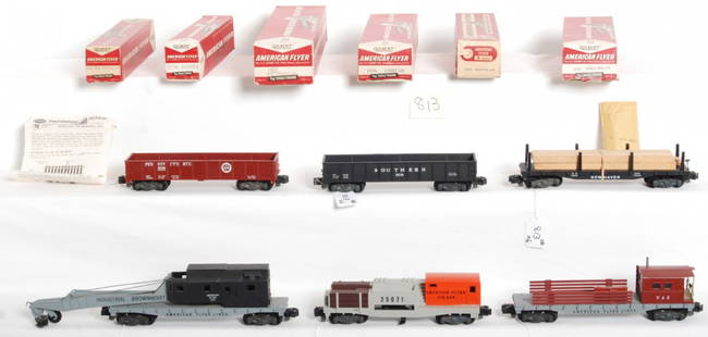 American Flyer 24106, 24116, 24561, 25071, 24516,: Postwar American Flyer S gauge freight cars, 24106 Pennsylvania unpainted gondola; 24116 Southern gondola; 24561 wrecker crane; 25071 tie-jector car with M5466 instructions sheet, rail ties and track