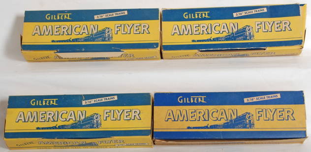 Four American Flyer 700 12 straight track sections: Postwar American Flyer S gauge No. 700 12 straight track sections in original boxes, four boxes of track total. Track varies C6-8. Boxes are very square and solid.