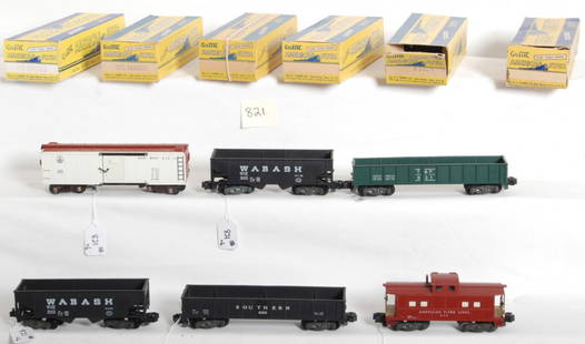 American Flyer S gauge freight cars in original bo: Postwar American Flyer S gauge 920 Southern sandcar, 930 caboose, 931 T&P sandcar, two 940 Wabash hoppers and 633 Baltimore and Ohio boxcar, trains look C7-8. Boxes are square and solid with a