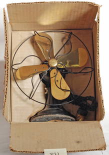 1925 Gilbert Polar Cub fan brass blades: AC Gilbert 1925 Polar Cub fan with eight inch brass blades in OB. Fan is C7-8 condition with light wear on the blades. Includes original box with inserts. Screw in type plug. OB has some writing on