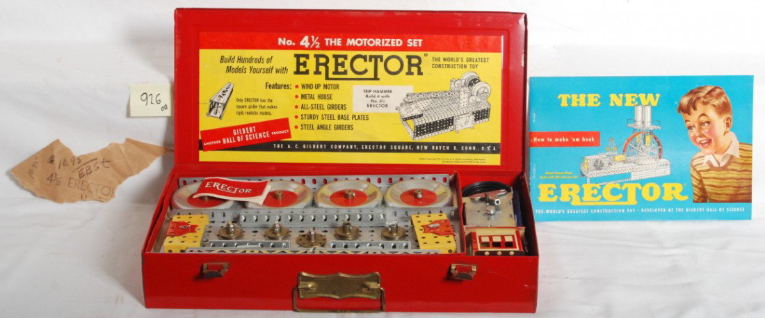 Erector 1955 No. 4 1/2 set: AC Gilbert Erector 1955 No. 4 1/2 set in OB. Parts are C9-10 and do not look to have ever been removed from their inserts. Set box is also in C7-8 condition with very little paint loss, one edge of la