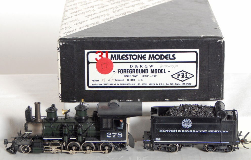 Milestone DRG&W C-16 2-8-0 steam locomotive: Milestone PBL modern Sn3 brass Denver Rio Grande and Western C-16 2-8-0 steam locomotive in OB. Loco is 37 of 39 produced and is stock number 278-1930. Loco is C8 condition with some run time.