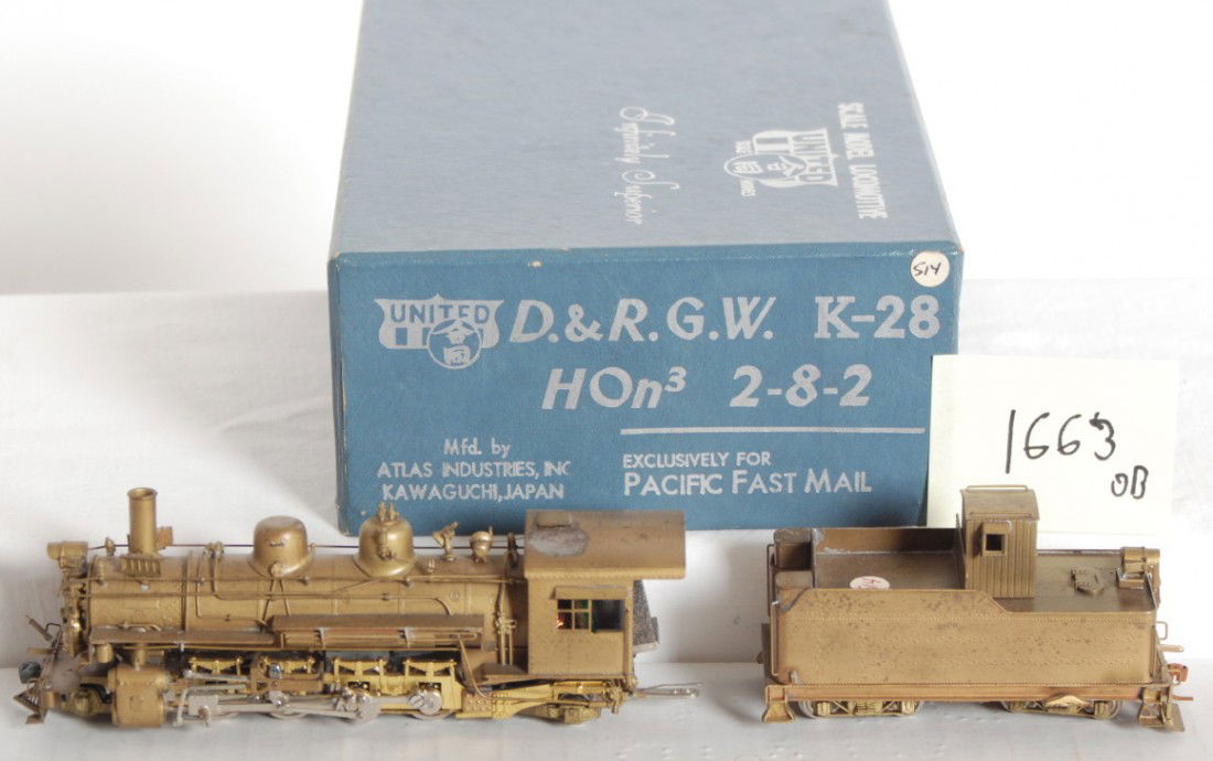 Pacific Fast Mail D&RGW K-28 2-8-2: Pacific Fast Mail / United Models modern HOn3 Denver Rio Grande and Western K-28 2-8-2 steam locomotive in OB. Loco is C7 with discoloration spot on roof and various other small spots. OB has some sta