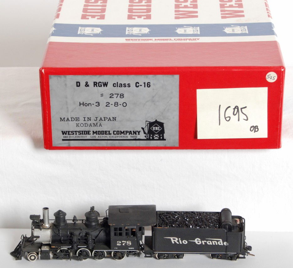 Westside D&RGW 2-8-0 C-16 loco: Westside Model Company modern HOn3 brass Denver Rio Grande and Western C-16 2-8-0 steam locomotive in OB. Loco is C7 condition with a few light paint chips and a marking sticker on the tender and OB.