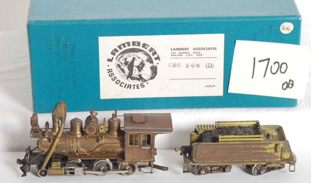 Lambert C&S 2-6-0 steam locomotive: Lambert Associates modern brass HOn3 Colorado and Southern 2-6-0 steam locomotive in OB. Brass on loco has darkened from age. Tender has darkened in patches. See photos for best description. C6-7.