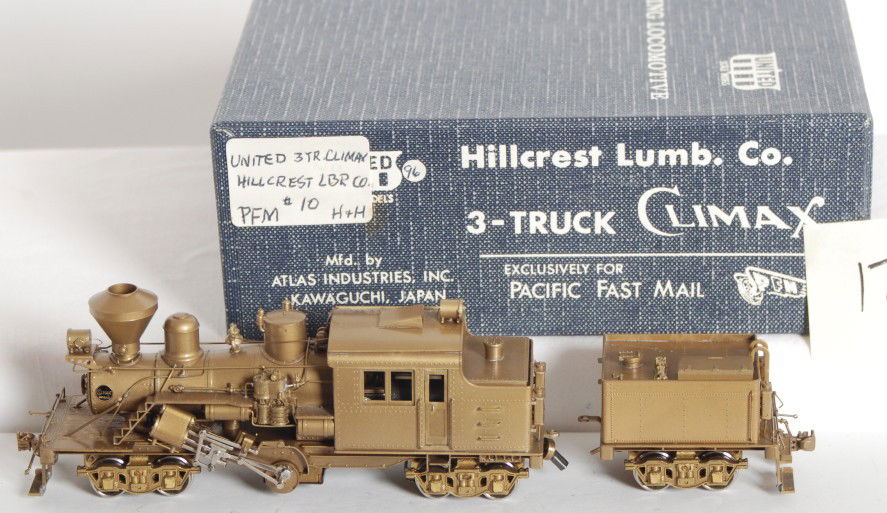 Pacific Fast Mail Hillcrest Climax: Pacific Fast Mail / United Models modern HO brass Hillcrest Lumber three truck Climax steam locomotive in OB. Loco is C8-9 with very light run time. OB has marking tag.