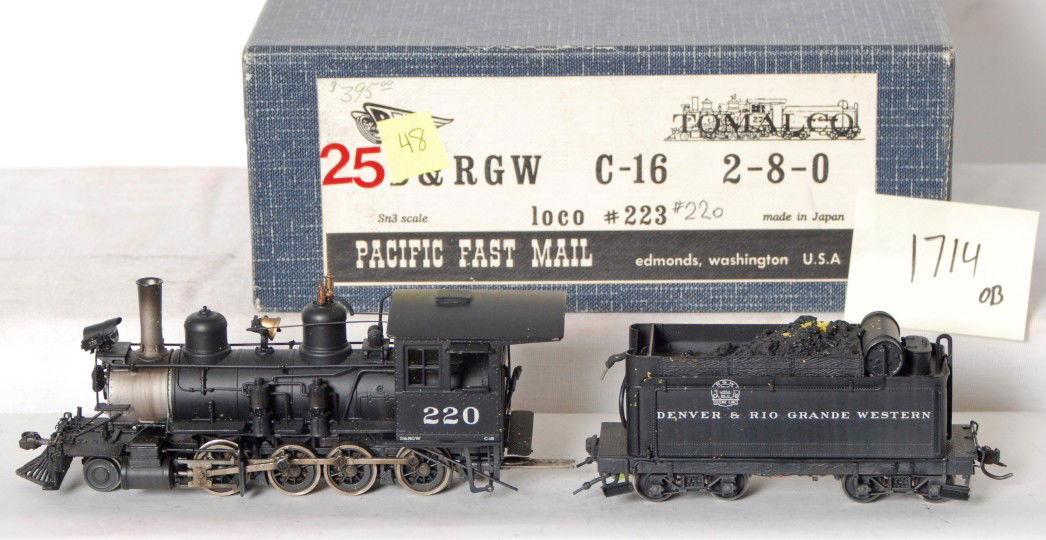 Pacific Fast Mail D&RGW C-16 2-8-0: Pacific Fast Mail modern Sn3 brass Denver Rio Grande and Western C-16 2-8-0 steam locomotive in OB. Loco is C6-7 with a few loose detail parts such as the headlight and an air hose which are both incl