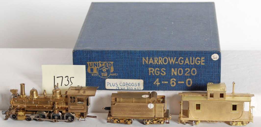 United Models Rio Grande Southern 4-6-0 and caboo: United Models modern HOn3 brass Rio Grande Southern 4-6-0 steam locomotive and caboose in OB. Loco and caboose are C7-8 with some light spotting on the brass. Tender and OB have marking stickers.