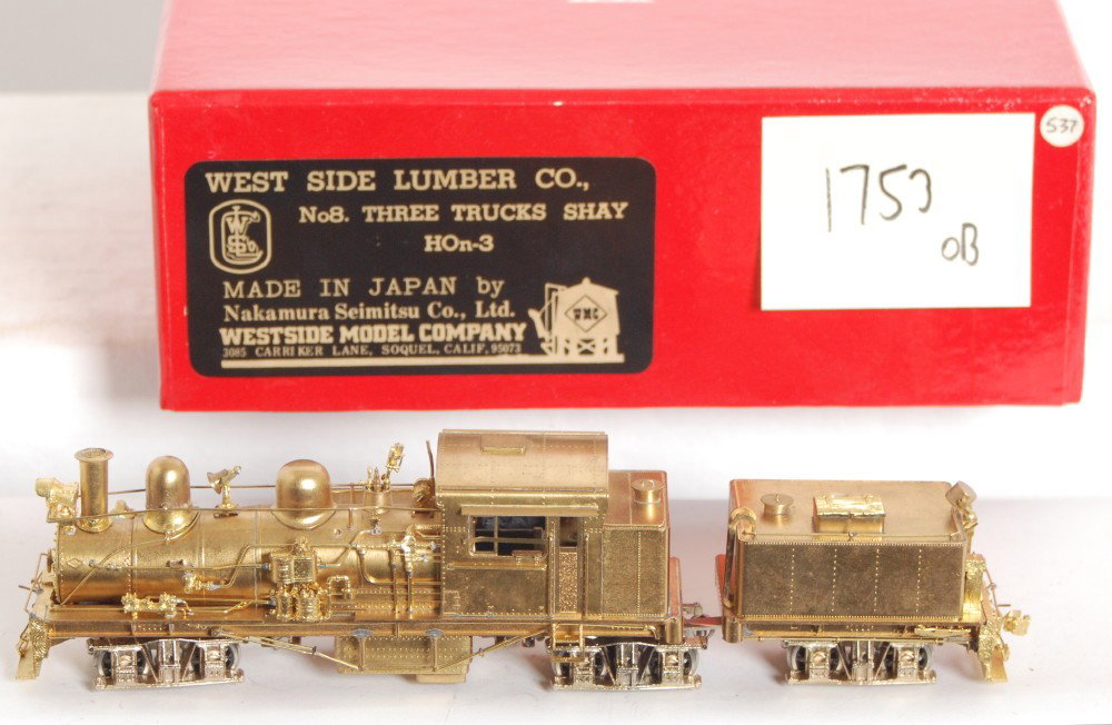 Westside Model Company Westside lumber shay: Westside Model Company modern HOn3 brass three truck Westside Lumber shay steam locomotive in OB. Loco body is loose from frame but complete and in C8 condition. Tender and OB have small marking stick