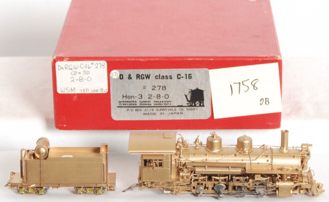 Westside Model Company D&RGW C-16 2-8-0: Westside Model Company modern HOn3 brass Denver Rio Grande and Western C-16 2-8-0 steam locomotive in OB. Loco is C7-8. Loco has a few scratches on roof and some run time. Tender and OB both have mark