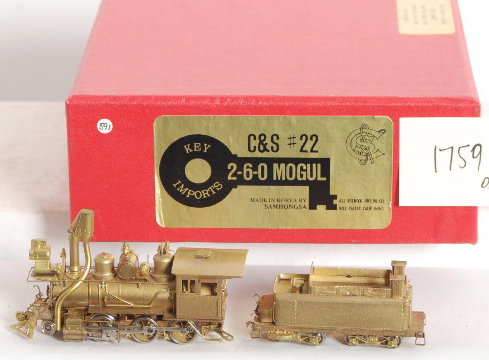 Key Imports C&S 2-6-0 steam locomotive: Key Imports modern HOn3 brass Colorado and Southern 2-6-0 mogul steam locomotive in OB. Loco is C7-8. Spark arrestor is slightly loose. Tender and OB have marking stickers.