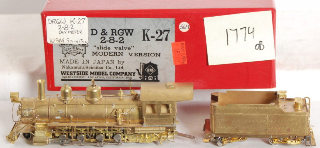 Westside Model Company D&RGW K-27 2-8-2: Westside Model Company modern HOn3 brass Denver Rio Grande and Western K-27 2-8-2 steam locomotive in OB. Loco is C7-8 with some marks on the brass, especially in the roof area. OB and tender have sma