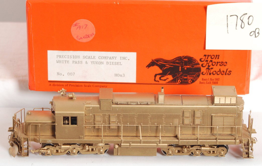 Iron Horse Models White Pass Alco diesel loco: Iron Horse / Precision Scale Co. modern HOn3 brass White Pass and Yukon Alco diesel locomotive in OB. Looks to be a Alco 251d, not completely sure. Loco is C8-9 with very little run time. OB has one m