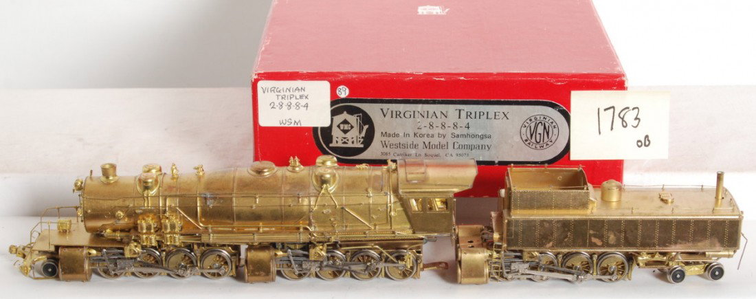 Westside Model Company Virginian Triplex loco: Westside Model Company modern HO brass Virginian 2-8-8-8-4 Triplex in OB. Loco is C7-8 with some light foam dye transfer on the cab roof. Very detailed and beautiful locomotive. OB has marking sticker