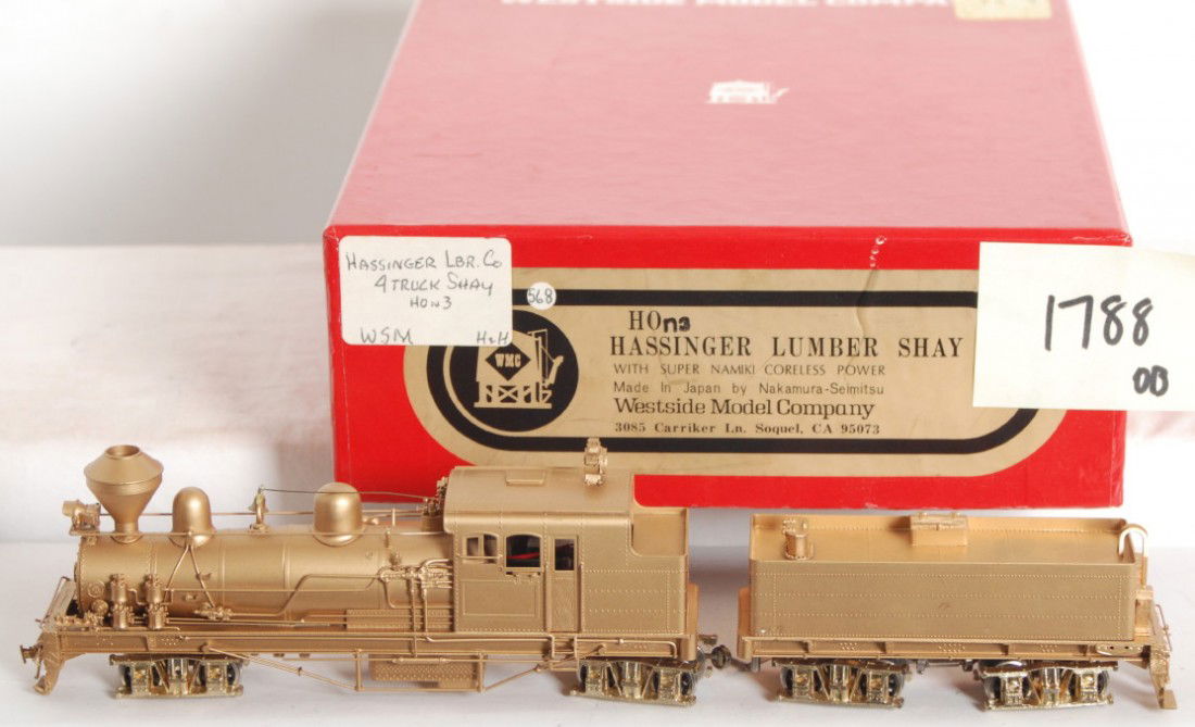 Westside Model Company Hassinger Shay: Westside Model Company modern HOn3 brass Hassinger Lumber Shay in OB. Loco is C8-9 with little if any run time. OB has marking sticker.