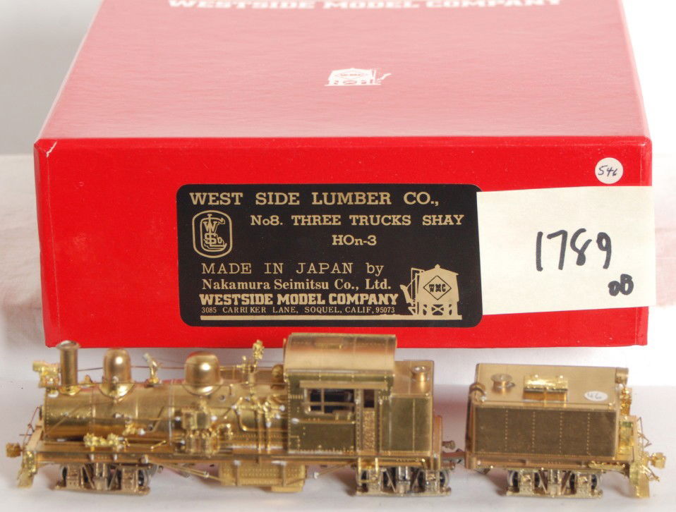Westside Model Company Westside Shay: Westside Model Company modern HOn3 Westside Lumber Company Shay steam locomotive in OB. Loco is cab number 8. Loco is C8-9 with very little signs of run time. OB and tender have small marking stickers
