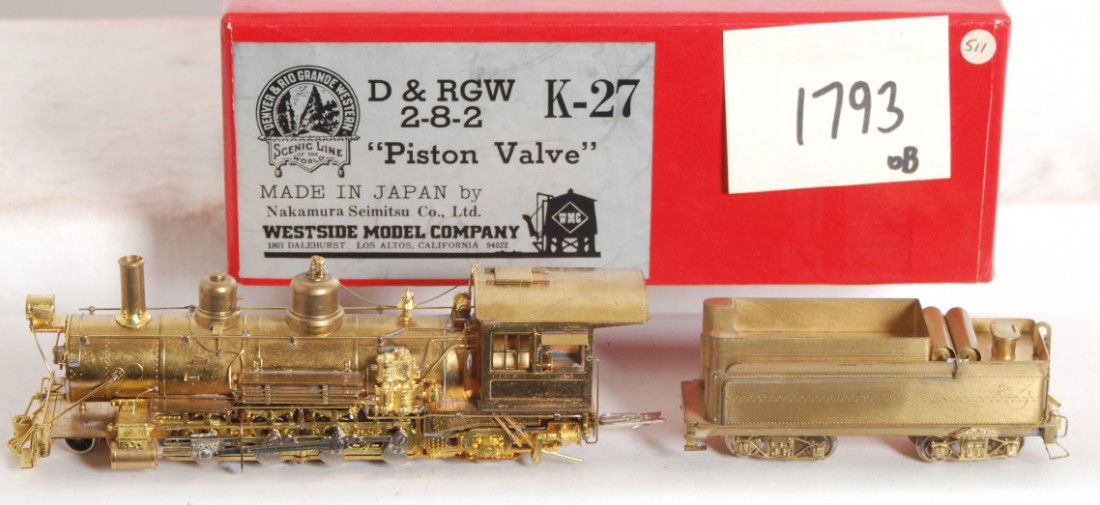 Westside Model Company D&RGW K-27 2-8-2: Westside Model Company modern HOn3 Denver Rio Grande and Western K-27 2-8-2 steam locomotive in OB. Loco is C8-9 condition with very little if any run time. OB and tender have small marking stickers.