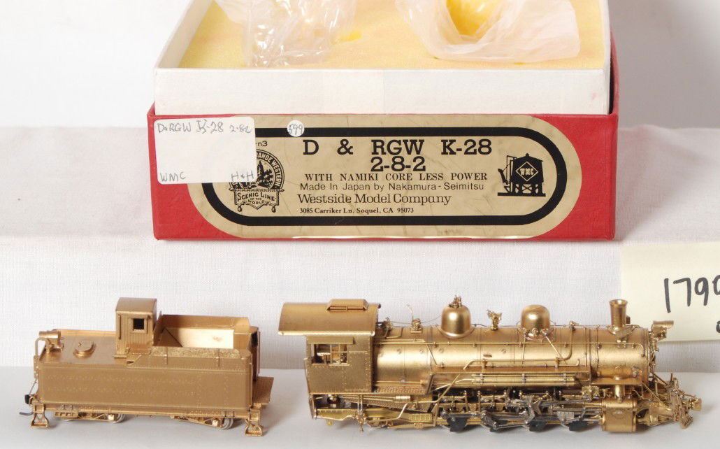Westside Model Company D&RGW K-28 2-8-2: Westside Model Company modern brass HOn3 Denver Rio Grande and Western K28 2-8-2 steam locomotive in OB. Loco is C7-8 with some very faint spots on the roof. OB and tender has marking tags.