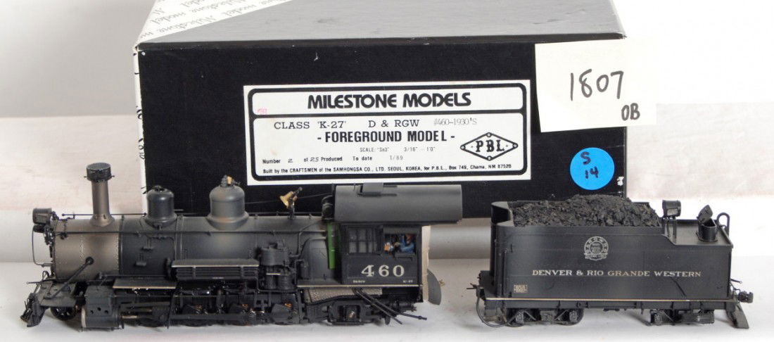 Milestone D&RGW K-27 2-8-2: Milestone Models PBL modern Sn3 brass Denver Rio Grande and Western K-27 2-8-0 steam locomotive in OB. Cab number is 460. Tender appears to have sound installed. Loco is C8 with some run time, however