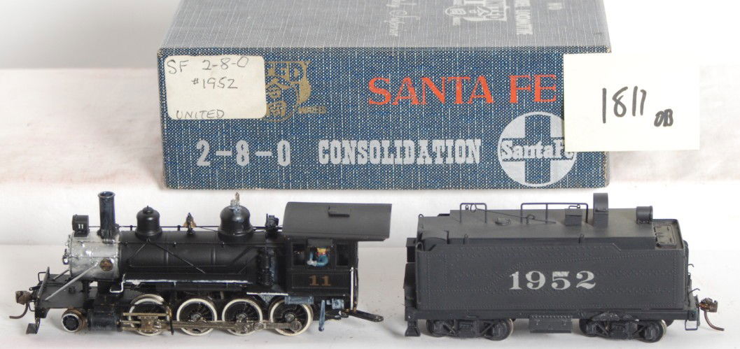 United Santa Fe 2-8-0 steam locomotive: United Models modern HO brass Santa Fe 2-8-0 steam locomotive in OB. While tender has correct number, the loco is numbered 11 but still retains the correct wheel arrangement. Loco is incorrect for ten