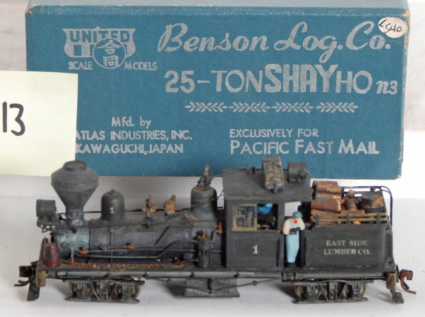 Pacific Fast Mail 25 ton Shay Westside Lumber: Pacific Fast Mail / United Models modern HOn3 brass 25 ton Shay steam locomotive in OB. Loco has been relettered for the Westside Lumber C0. from Benson Log. Loco is C8 and has had custom details adde