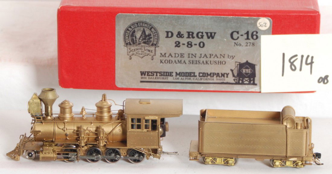 Westside Model Company D&RGW C-16 2-8-0: Westside Model Company modern HOn3 brass Denver Rio Grande and Western C-16 2-8-0 steam locomotive in OB. Loco is C8 condition, a few very light marks on the cab roof. OB and tender have small marking