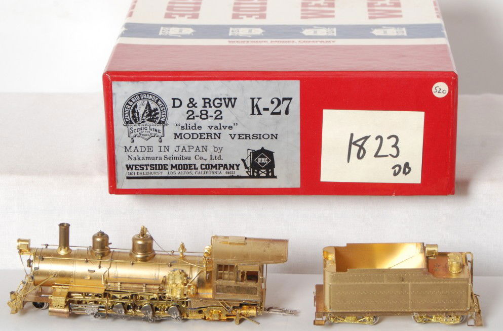 Westside Model Company D&RGW K-27 2-8-2: Westside Model Company modern Sn3 2-8-2 Denver Rio Grande and Western brass K-27 steam locomotive in OB. Loco is C8-9 with very light run time. OB and tender have small marking stickers.