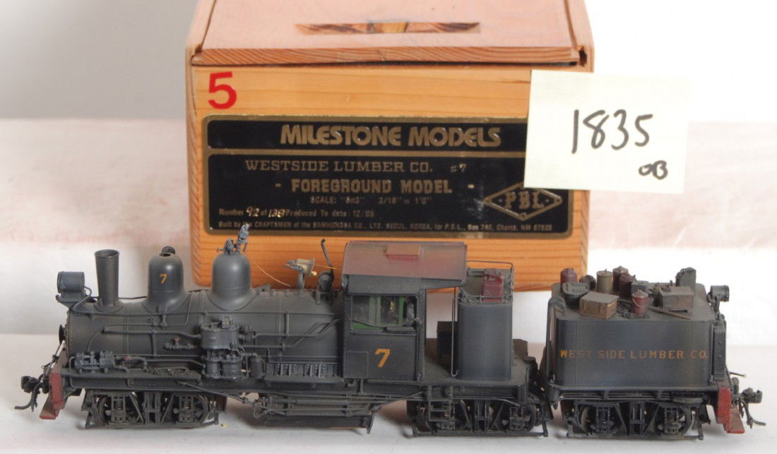 Milestone Westside Lumber Shay No.7: Milestone Models PBL modern Sn3 brass Westside Lumber Company Shay steam locomotive No. 7 in OB. Loco is weathered with extra details. Loco is C8, one chain partially loose from top of tender. OB has