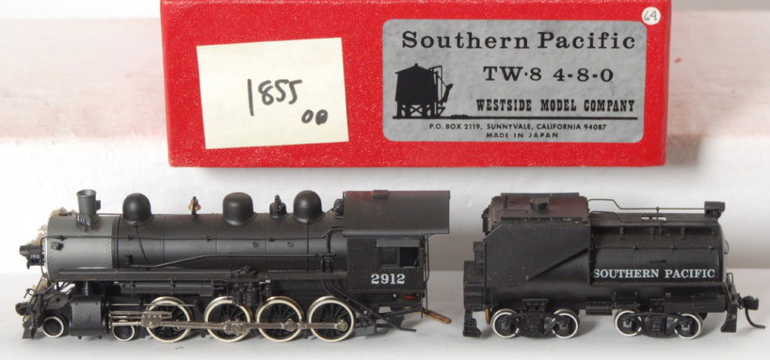 Westside Southern Pacific TW-8 4-8-0 loco: Westside Model Company modern HO brass Southern Pacific 4-8-0 TW-8 steam locomotive in OB. Loco is generally C8 condition. Foam insert starting to deteriorate.